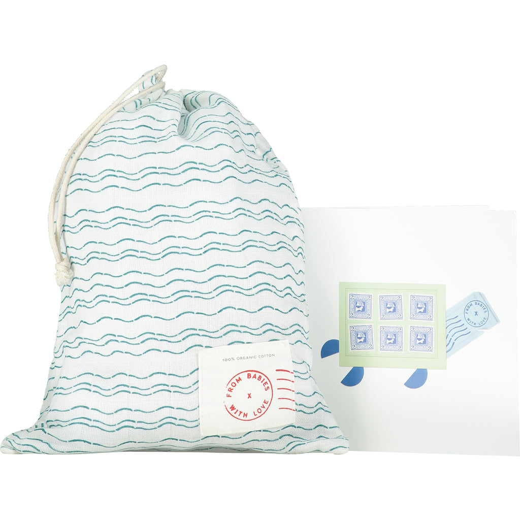 Gift bag and card - Waves of Joy organic baby gift set - medium - Send love and kindness with our Waves of Joy organic baby grow, knot hat and bandana bib, a heartfelt and beautiful baby gift. 