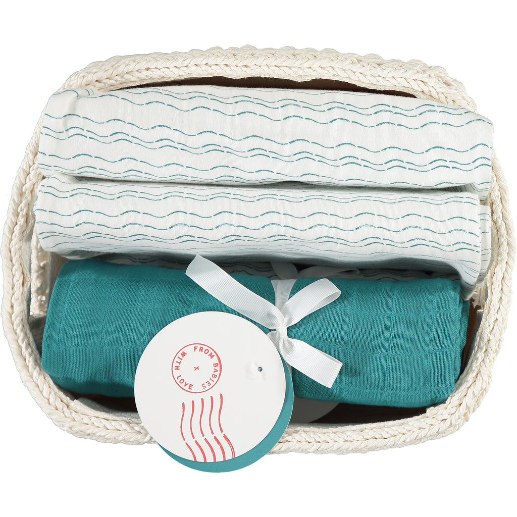 Muslin set - Waves of Joy organic muslin baby shawl - Send love and kindness with our Waves of Joy organic muslin baby shawl + swaddling wrap, a heartfelt and beautiful baby gift. 