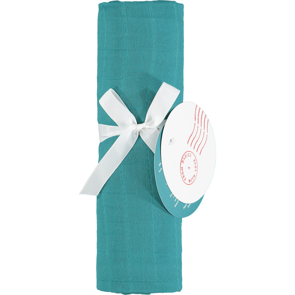 Teal - Send love and kindness with our Waves of Joy organic muslin baby shawl + swaddling wrap, a heartfelt and beautiful baby gift. 
