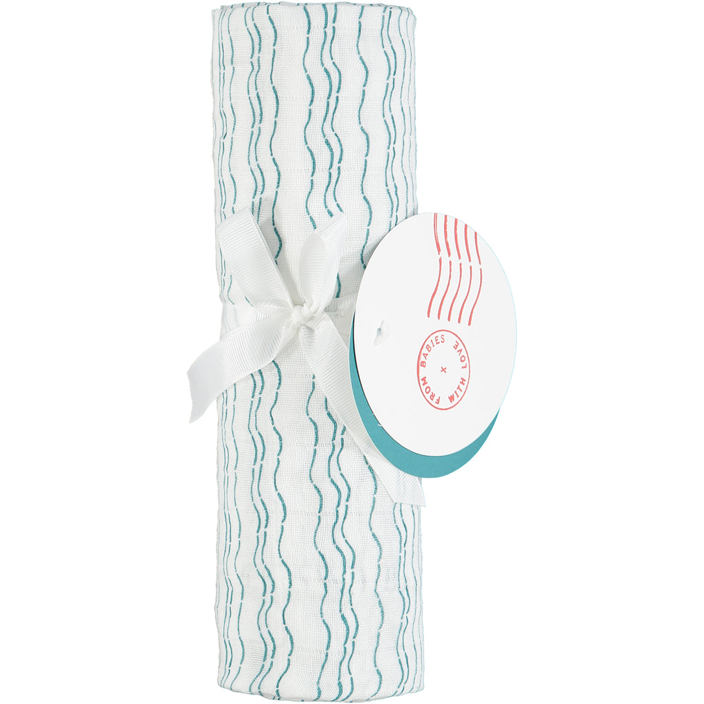 Muslin swaddling wrap - Waves of Joy organic baby gift set - large - Send love and kindness with our Waves of Joy organic baby grow, knot hat, bandana bib and muslin swaddling wrap, a heartfelt and beautiful baby gift.