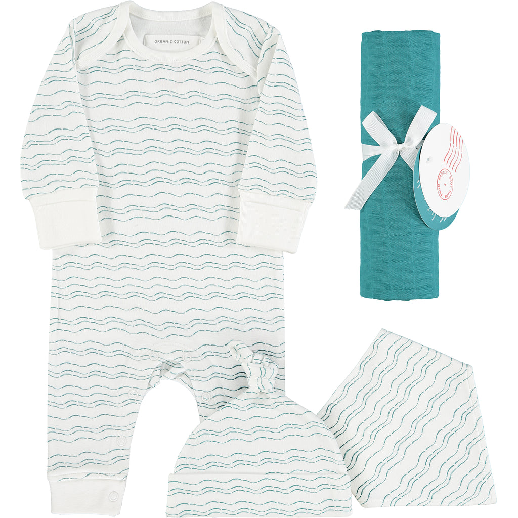 Teal organic baby gift set - large - Send love and kindness with our Waves of Joy organic baby grow, knot hat, bandana bib and muslin swaddling wrap, a heartfelt and beautiful baby gift. 