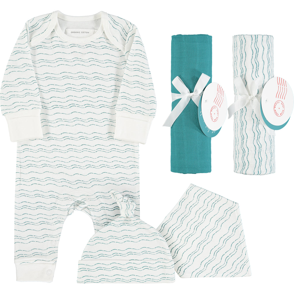 Send love and kindness with our Waves of Joy organic baby grow, knot hat, bandana bib and two muslin baby shawl + swaddling wraps, a heartfelt and beautiful baby gift. 