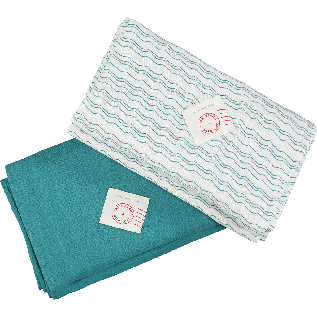 Teal and wave set - Send love and kindness with our Waves of Joy organic muslin baby shawl + swaddling wrap, a heartfelt and beautiful baby gift. 