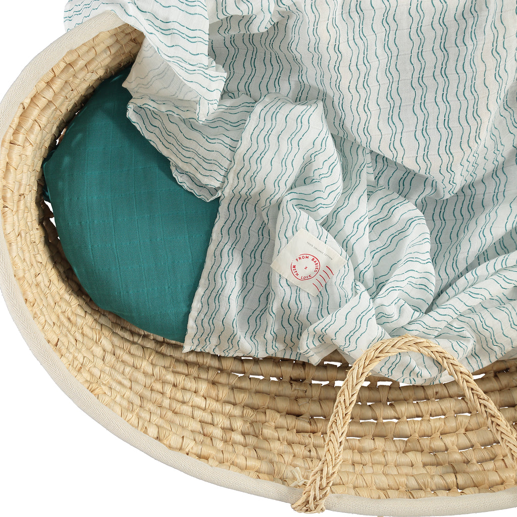 Baby basket - Waves of Joy organic muslin baby shawl - Send love and kindness with our Waves of Joy organic muslin baby shawl + swaddling wrap, a heartfelt and beautiful baby gift. 