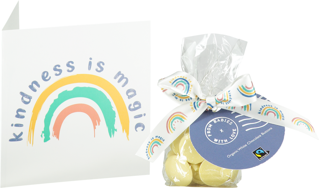 Kindness is Magic organic white chocolate buttons with matching greetings card