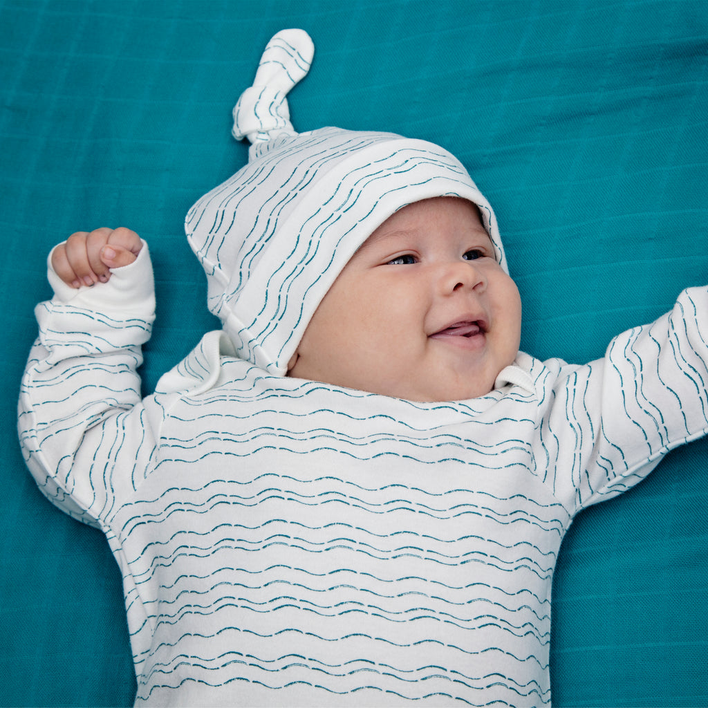 Baby grow - Waves of Joy organic baby gift set - medium - Send love and kindness with our Waves of Joy organic baby grow, knot hat and bandana bib, a heartfelt and beautiful baby gift. 