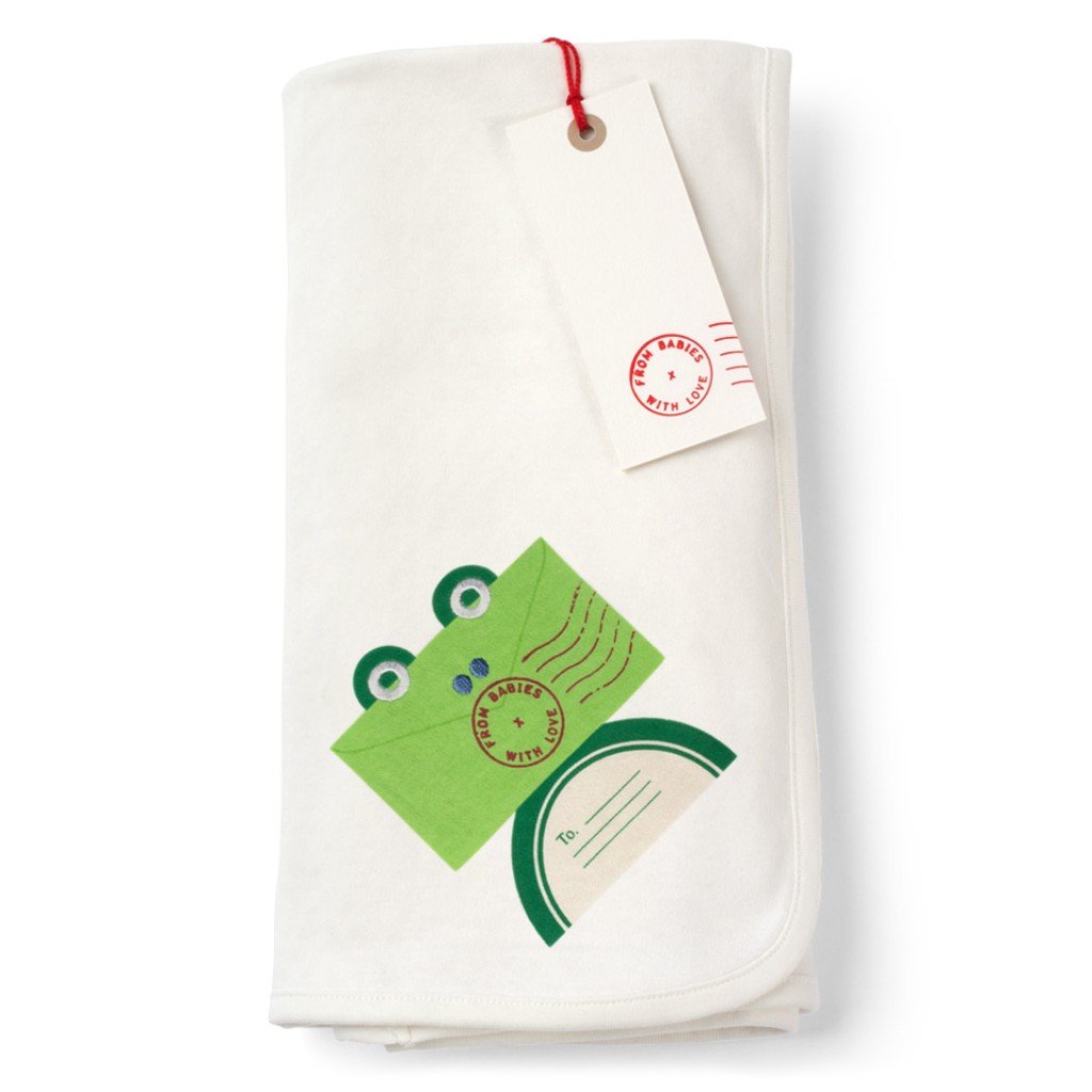 Frog and Kisses Reversible Pram Blanket Made From 100% Organic Cotton. Free Drawstring Gift Bag and Greetings Card with All Profits To Abandoned Children.