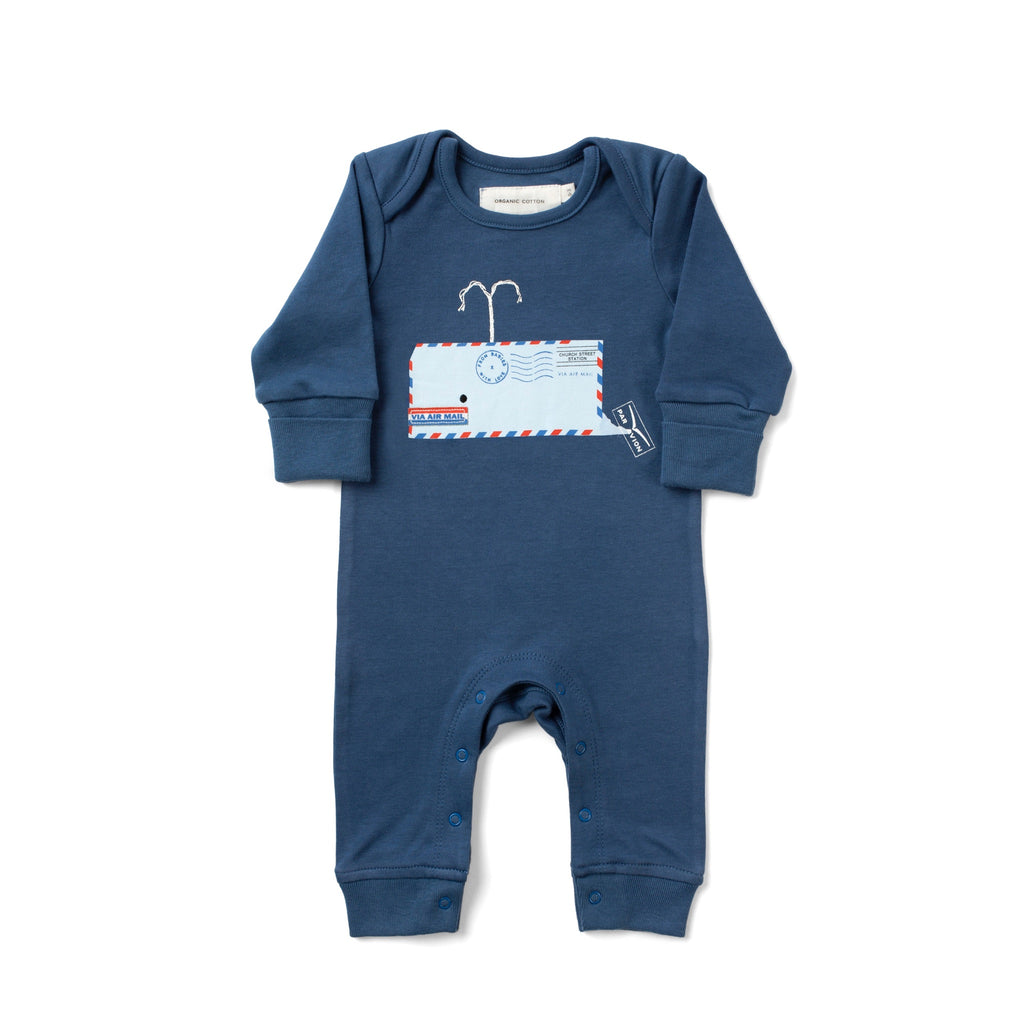 Whale Marine Blue Baby Grow Made From 100% Organic Cotton. Free Drawstring Gift Bag and Greetings Card with All Profits To Abandoned Children.