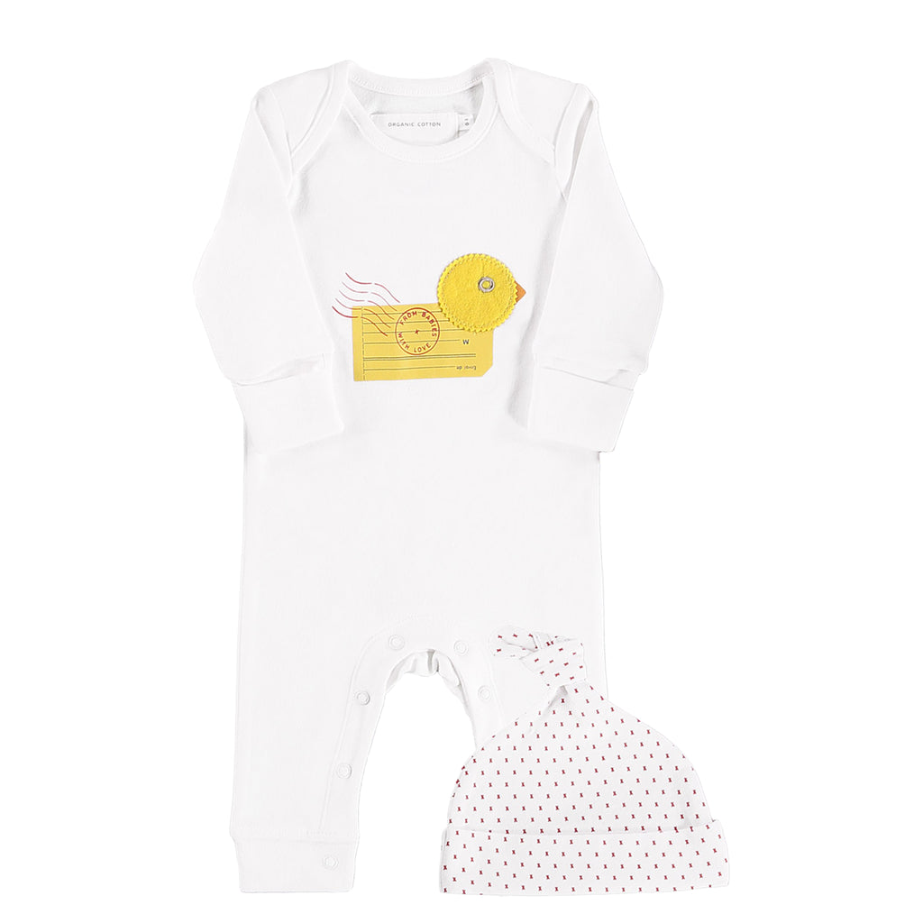 Baby grow and hat - The Duck character on this charming organic baby grow is designed using vintage postal materials.