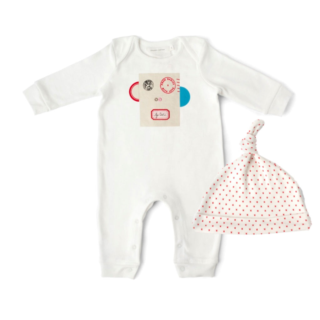Penguin and French Grey Kisses Baby Grow and Knot Hat Gift Set. With Complementary Greetings Card and Drawstring Gift Bag.