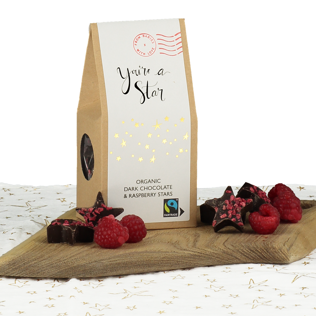 Organix Raspberry Stars You're a Star organic and Fairtrade dark chocolate raspberry stars and ...
